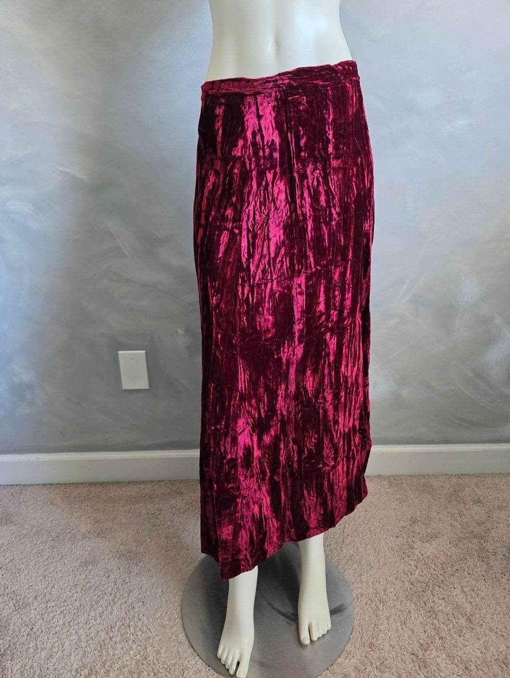 Long Crinkled Crushed Velvet Maxi Skirt Deep Wine Burgundy Sz L